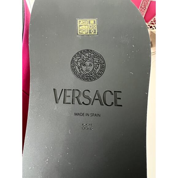 Versace Medusa Biggie Satin Embellished Platform Slide Sandals Pink Size 8.5 NWB - Picture 12 of 16